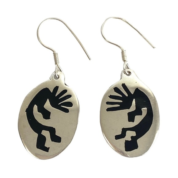 Vintage Kokopelli Earrings Alpaca Mexico Silver Tone Southwestern Dancer 90s Y2K - Picture 1 of 10